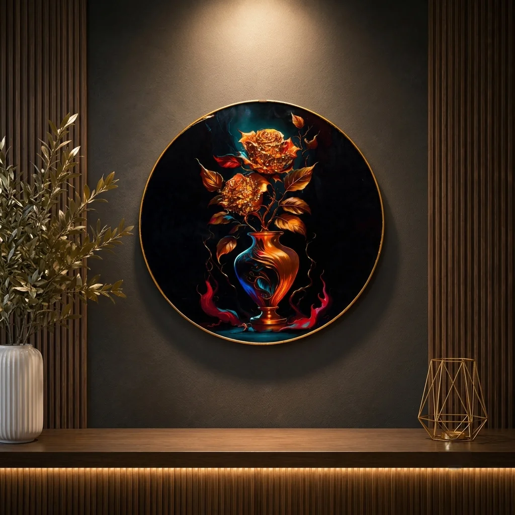 Golden Roses in a Round Still Life