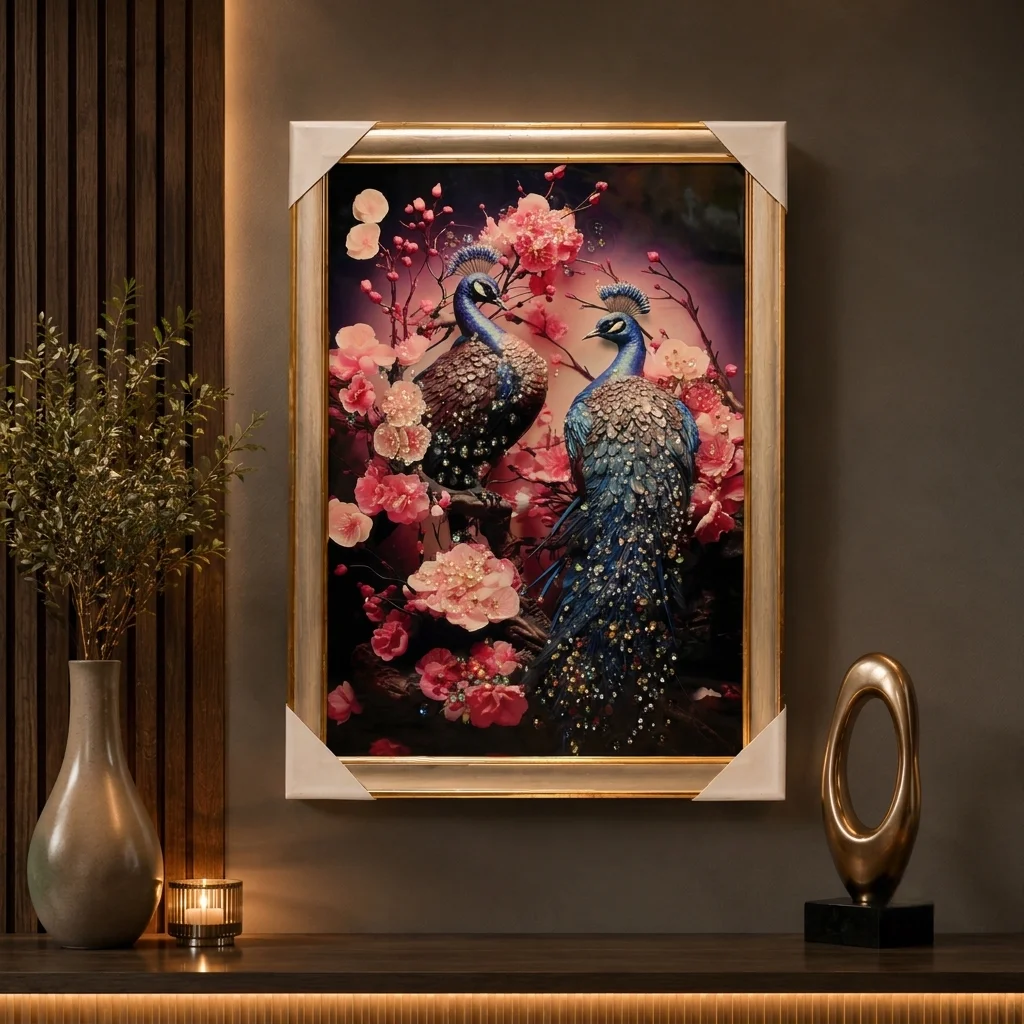 Peacocks in a Pink Blossom Garden