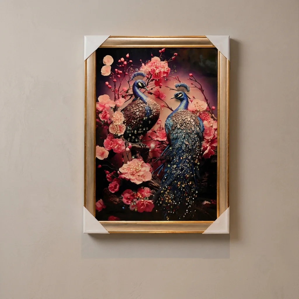 Peacocks in a Pink Blossom Garden