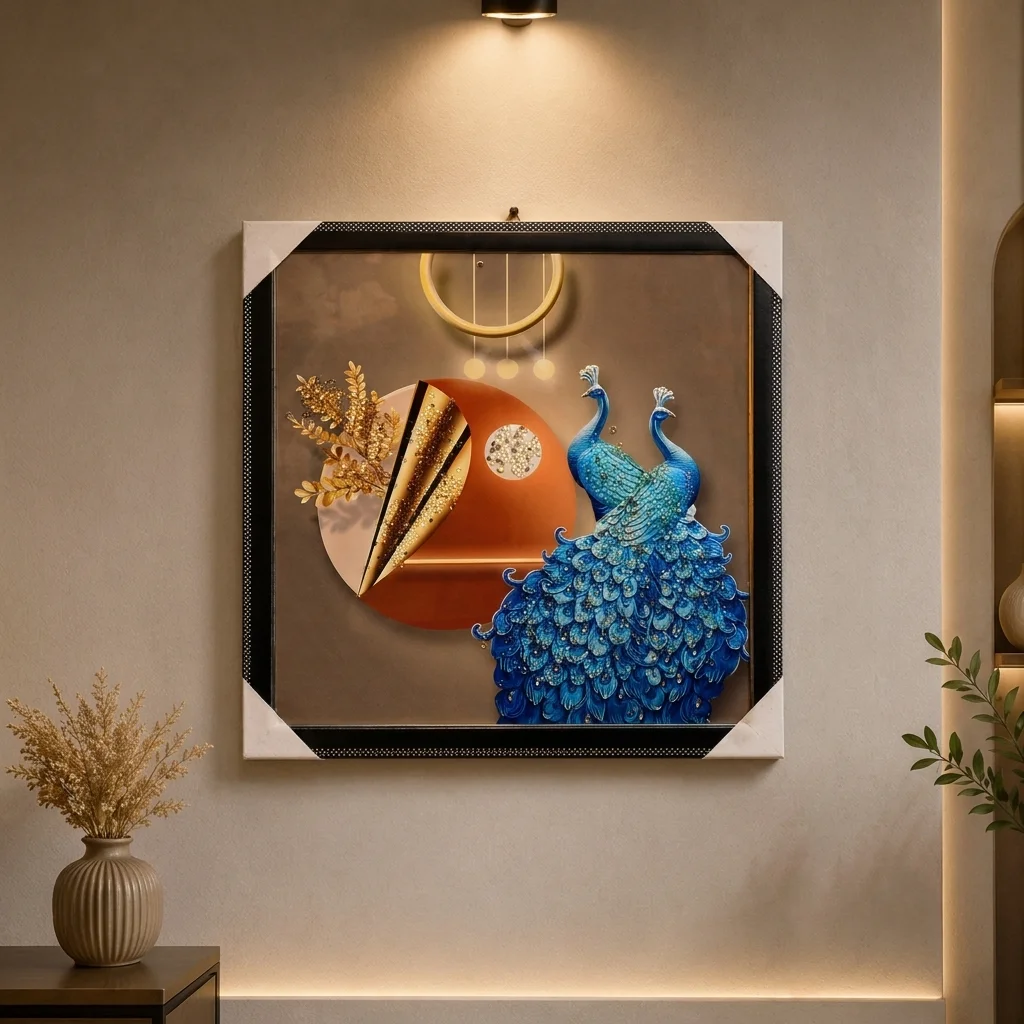 Peacocks with a Modern Geometric Backdrop