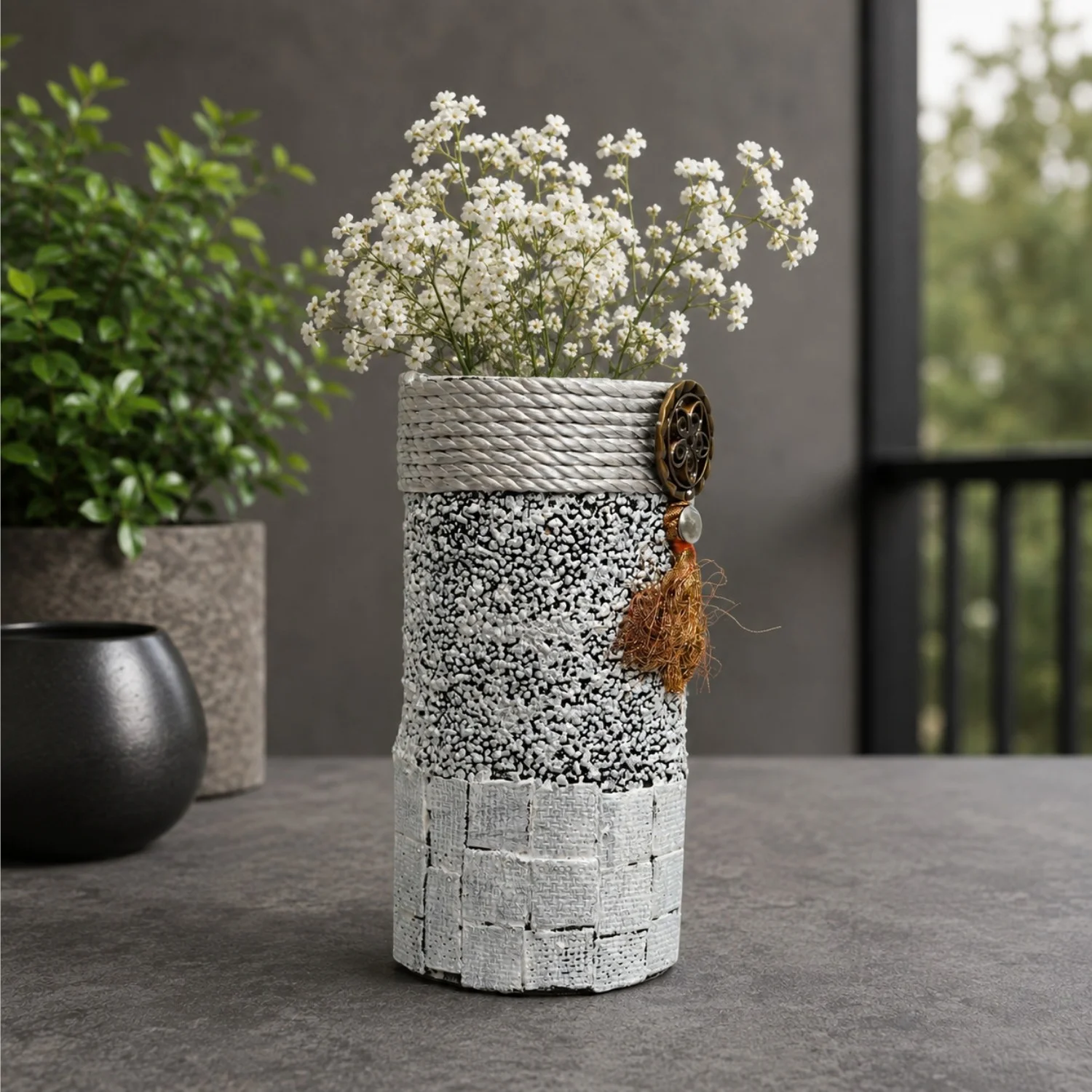 White Textured Tassel Vase with Block-Pattern Base