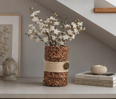 Brown Textured Vase with Central Rope-Style Band