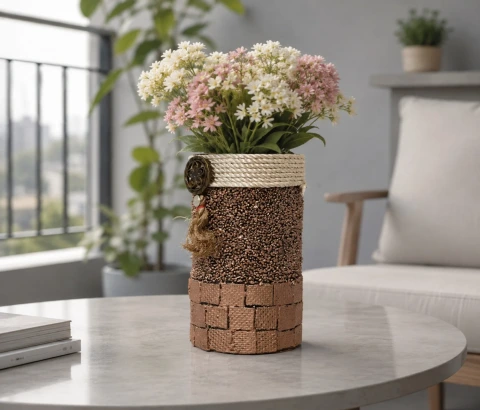 Brown Textured Tassel Vase with Block-Pattern Base