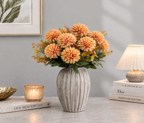 Artificial Peach Orange Pom-Pom Flower Bunch