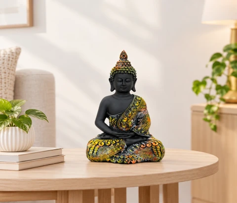Black Meditating Buddha with Multicolour Patterned Robe