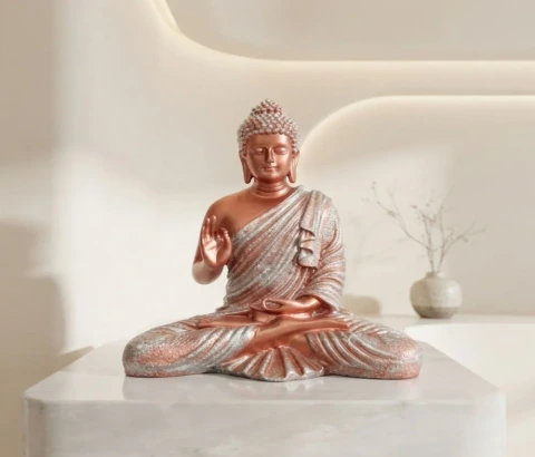 Copper-Tone Seated Buddha with Raised Palm