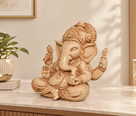 Antique Cream Seated Ganesha with Ornate Crown