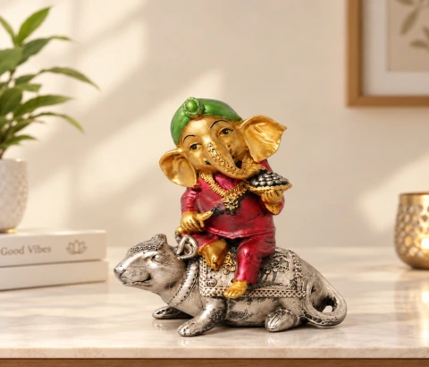 Little Ganesha Riding a Silver-Tone Mouse