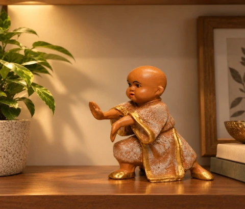 Peach and Gold-Tone Kung Fu Monk Figurine