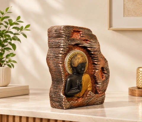 Black and Gold-Tone Folded-Hands Buddha in Textured Frame