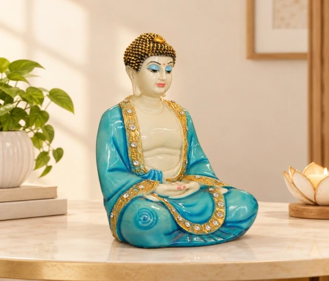 Sky Blue Meditating Buddha with Gold-Tone Trim