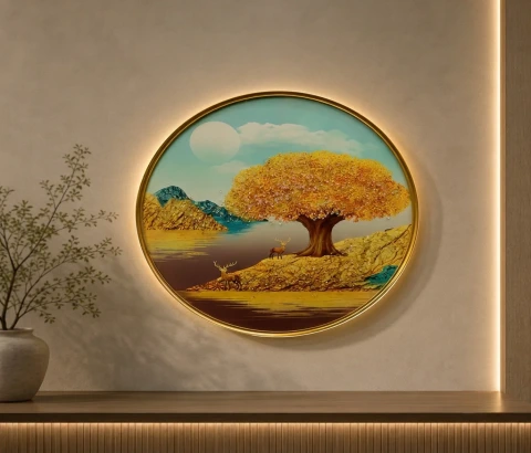 Round Golden Tree beside Water Landscape Wall Art