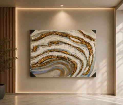 Grey and Gold Flowing Marble-Effect Abstract Wall Art