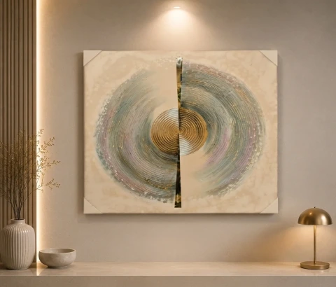 Split Concentric Circles in Soft Grey and Gold Wall Art