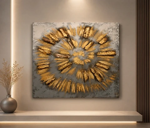 Golden Radial Burst on Grey Abstract Wall Art
