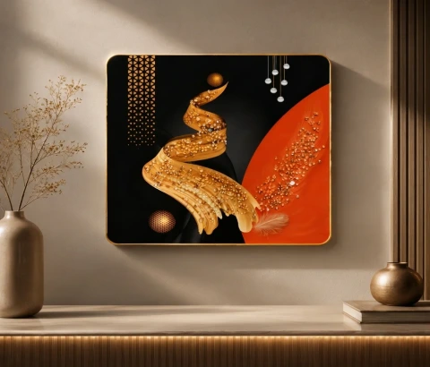 Golden Ribbon and Orange Abstract Wall Art