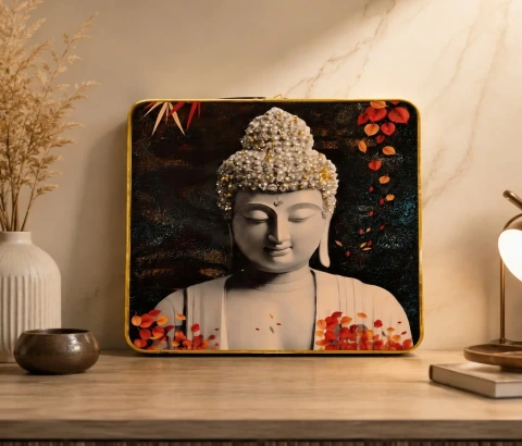 Calm Buddha Portrait with Autumn Leaves Wall Art