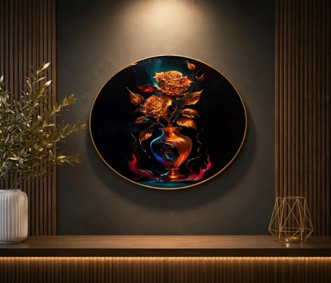 Round Golden Roses in Colourful Vase Wall Art