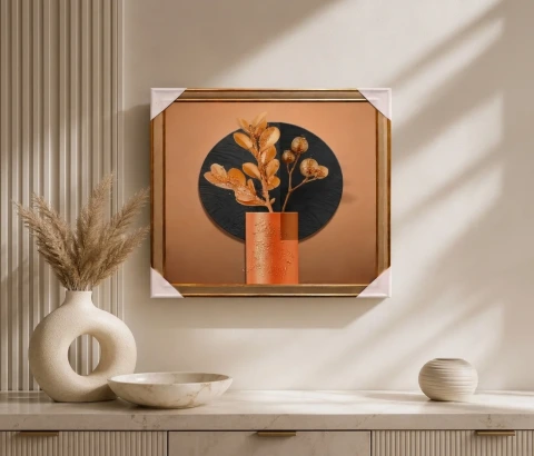 Golden Botanical Stems in Copper Vase Wall Art