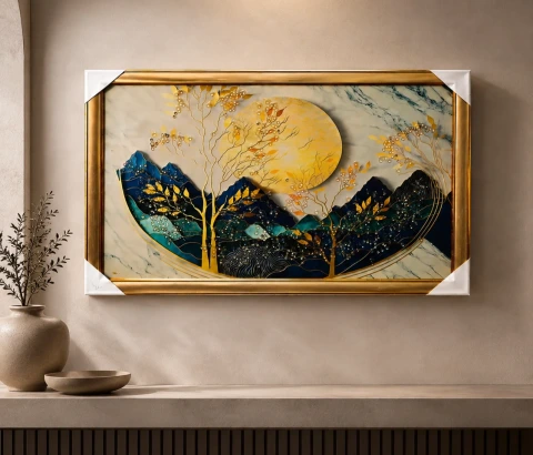 Golden Moon and Mountain Landscape Wall Art
