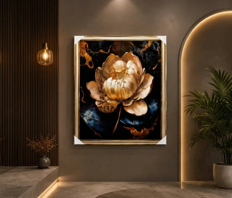Golden Lotus on Dark Marble-Effect Wall Art