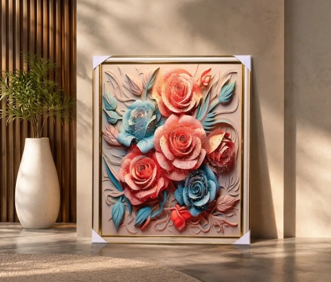 Coral and Blue Rose Bouquet Wall Art