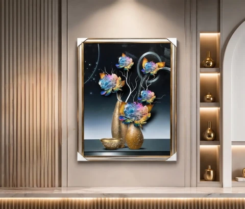 Multicolour Flowers in Golden Vases Wall Art