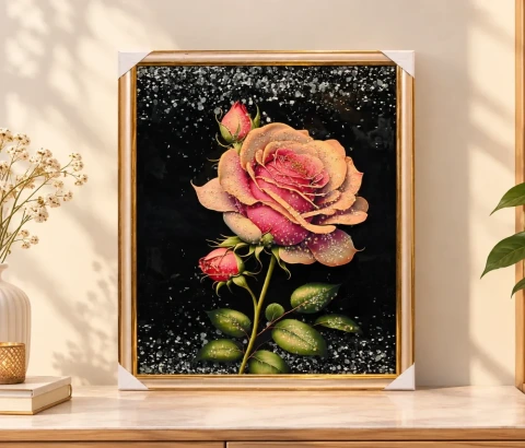 Peach and Pink Rose on Black Wall Art