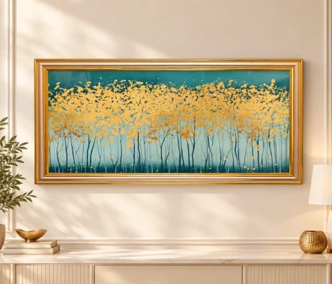 Golden Forest Canopy on Teal Wall Art
