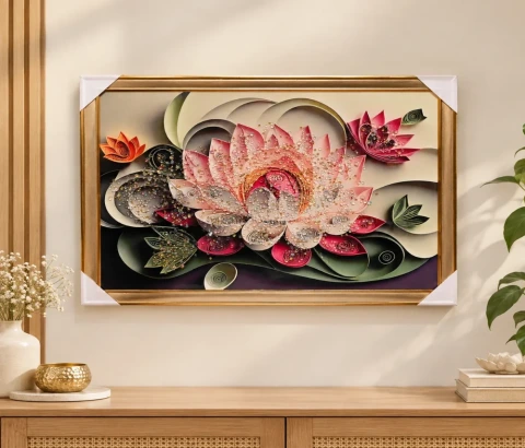 Layered Pink Lotus with Curling Leaves Wall Art