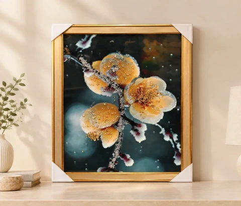 Golden Blossoms on Frosted Branch Wall Art