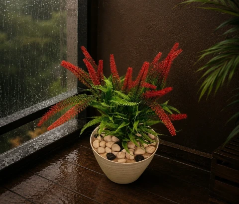 Artificial Red Spike Flower and Fern Plant