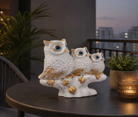 Three White Owls on Branch with Gold-Tone Accents