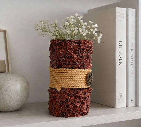 Rust Textured Vase with Central Rope-Style Band