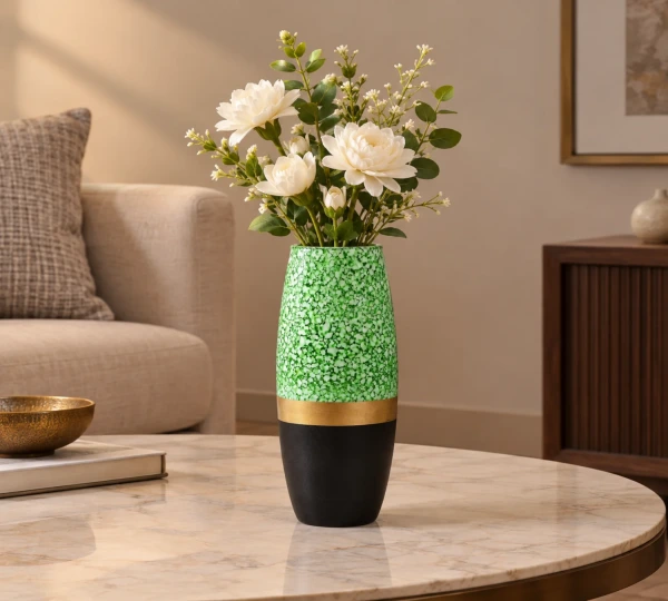 Green Speckled Vase with Gold-Tone Band