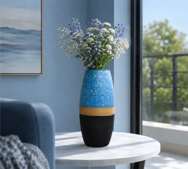 Blue Speckled Vase with Gold-Tone Band