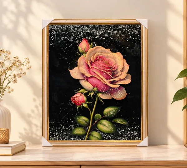 Peach and Pink Rose on Black Wall Art
