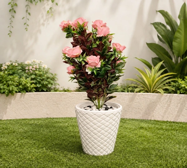 Artificial Blush Pink Rose and Burgundy Foliage Plant
